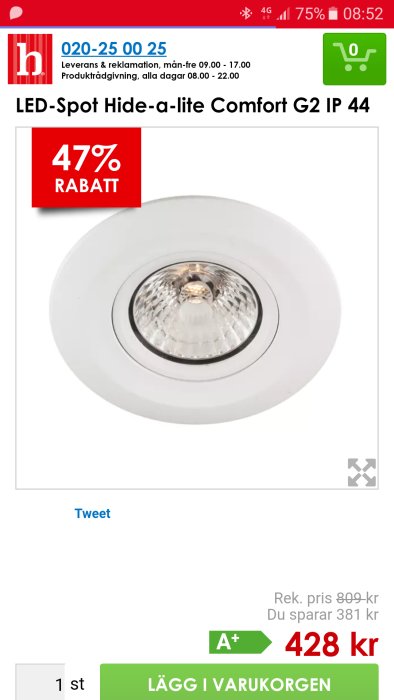 LED-spotlight Hide-a-lite Comfort G2 IP44 med 47% rabatt på mobilskärmsannons.