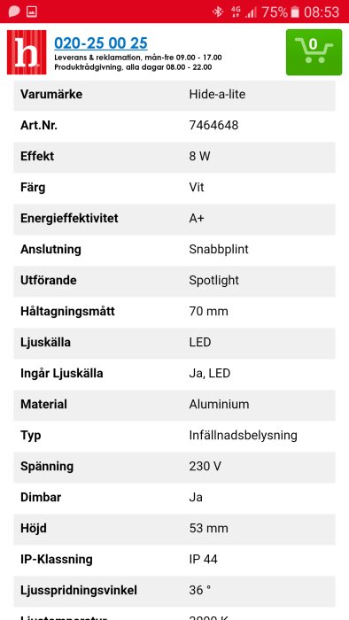 Skärmdump av produktinformation för vita LED-spotlights med energiklass A+ och detaljer som storlek, material och funktioner.