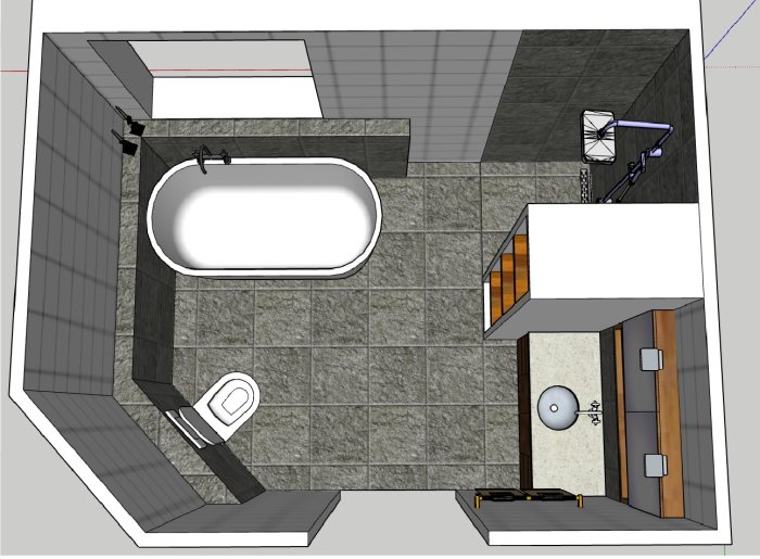 3D-SketchUp modell av ett badrum med badkar, toalett, handfat och duschhörna.