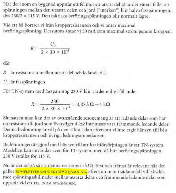 Utskrift från SEK 413 med formler och beräkningar för felström och jordfel i byggnader.