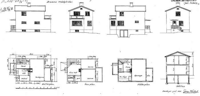 Arkitektritning av hus med markerat kryss där en vägg mellan tambur och vardagsrum har tagits bort.