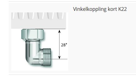 Vinkelkoppling kort K22 för M22x15 mutter med måttetikett som visar 28 grader.