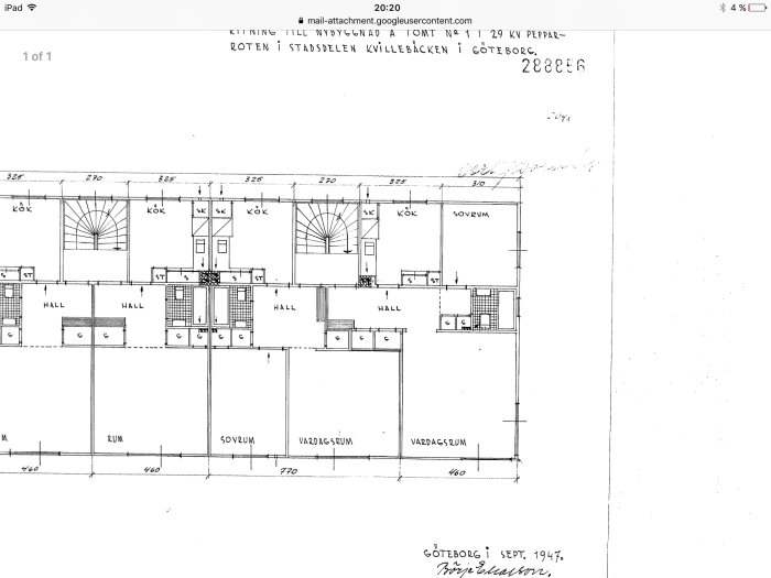 Ritning av en byggnadsplan med kök, hall, sovrum och vardagsrum, daterad Göteborg september 1947.