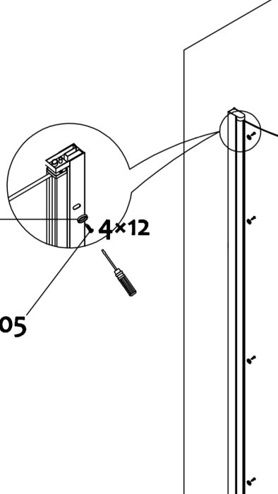 Illustration av duschväggsinstallation med fokus på skruvjustering.