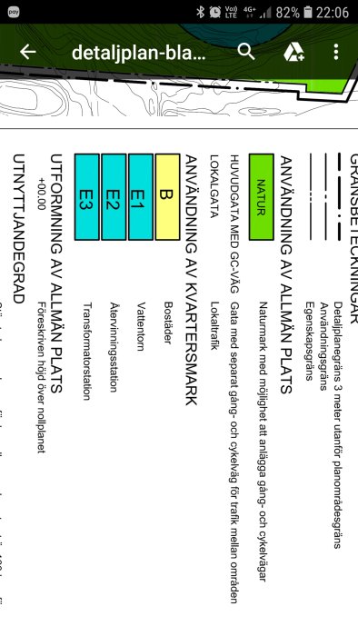 Skärmavbild av detaljplan med märkta områden E1-E3, B och 'Natur' samt informationsruta med text.