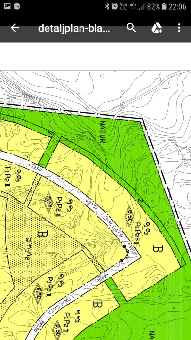 Skärmdump av en detaljplan med markanvändningsområden i olika färger och textinformation.