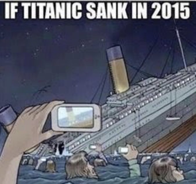 Illustration föreställande människor som filmar sjunkande Titanic med smartphones, med texten "IF TITANIC SANK IN 2015