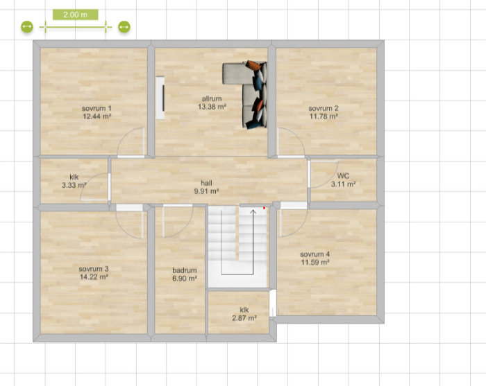 Skiss av övervåning i ett 2-planshus med dimensioner för sovrum, allrum, hall, badrum och WC.