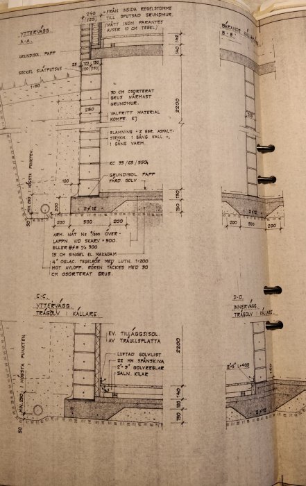 Byggteknisk ritning som visar detaljer för grund och väggkonstruktion i en källare.