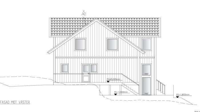 Arkitektritning av husets västra fasad med måttangivelser.