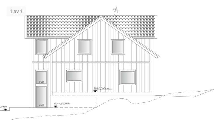 Arkitektritning av en husfasad med taklutning och fönstermarkerade, inklusive måttangivelser.