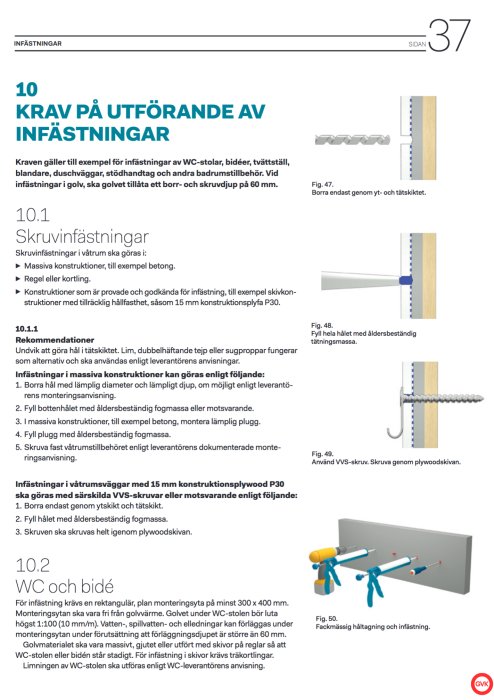 Sida ur manual om infästningar med text och detaljerade illustrationer av skruvinfästningar i massiv konstruktion och konstruktionsplywood.