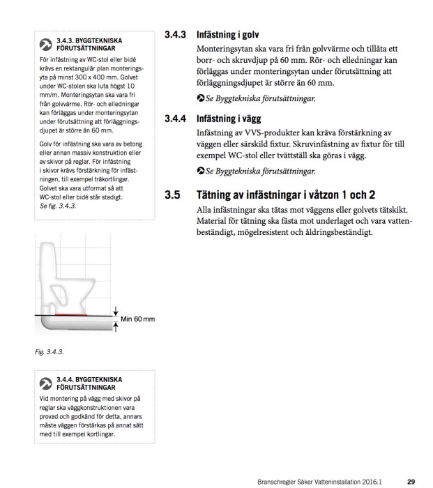 Sida ur branschregler med text om byggtekniska förutsättningar och illustration av WC-installation med måttangivelser.