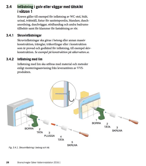 Illustration av skruvinfästning i betong och trä för VVS-installationer enligt säker vatten-riktlinjer.