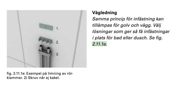 Exempel på rörinstallation i vägg med limning och skruvfästen, samt vägledande text.