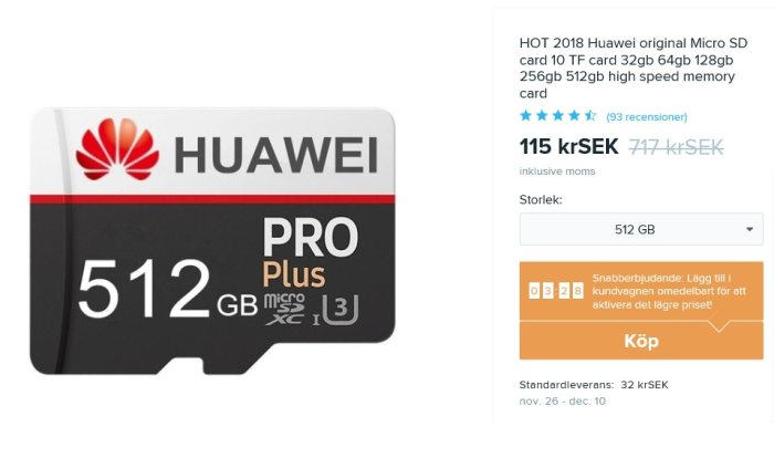 Micro SD-kort märkt med Huawei PRO Plus 512 GB, misstänkt falsk kapacitet annonserad på Wish.