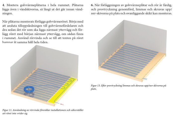 Illustrationer av steg för installation av golvvärmerör och uppvärmeplattor i ett golvkonstruktionssystem.