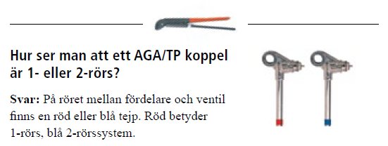 Bild på skruvmejsel och två AGA/TP kopplingar med röd respektive blå tejp för att identifiera 1- eller 2-rörssystem.