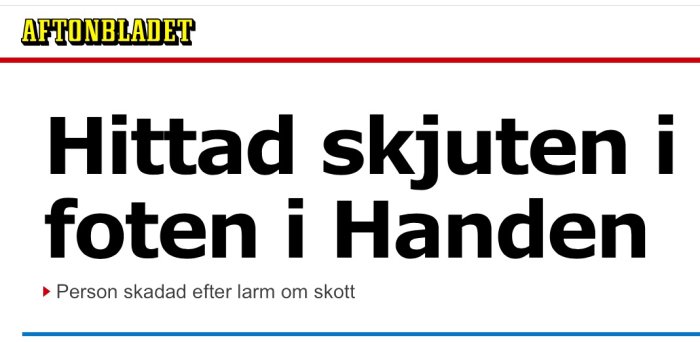 Skärmklipp av en nyhetsrubrik som spelar på ord om en person som blivit skjuten i foten i Handen.