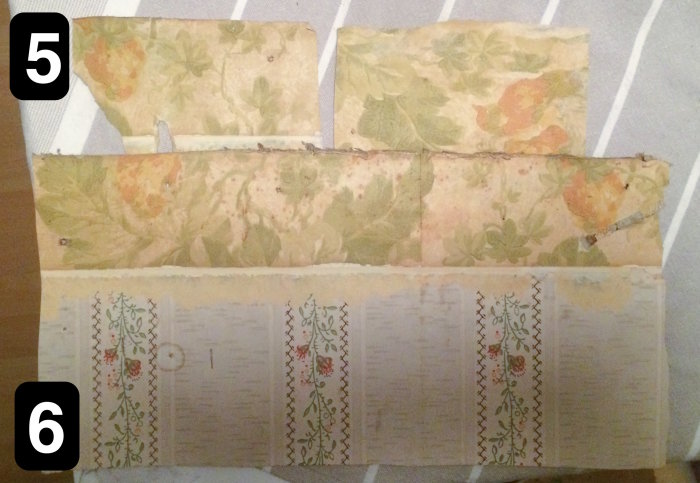 Gamla tapetfragment med blommönster, möjligtvis 1940-tal, och svagt tryck av jordgubbar eller rosor.
