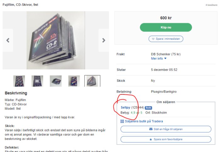 Skärmbild av en online-försäljningsannons som visar en stapel Fujifilm CD-R-skivor, omgivet av annonsdetaljer.