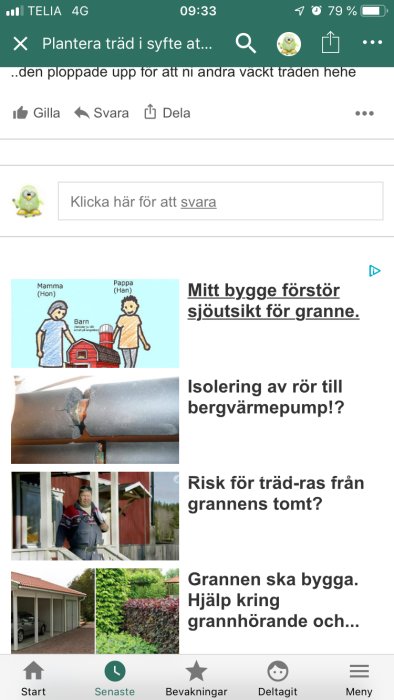 Skärmdump av diskussionsforum med förslag på trådar och bilder på tecknade figurer, isoleringsproblem, och en man vid ett hus.