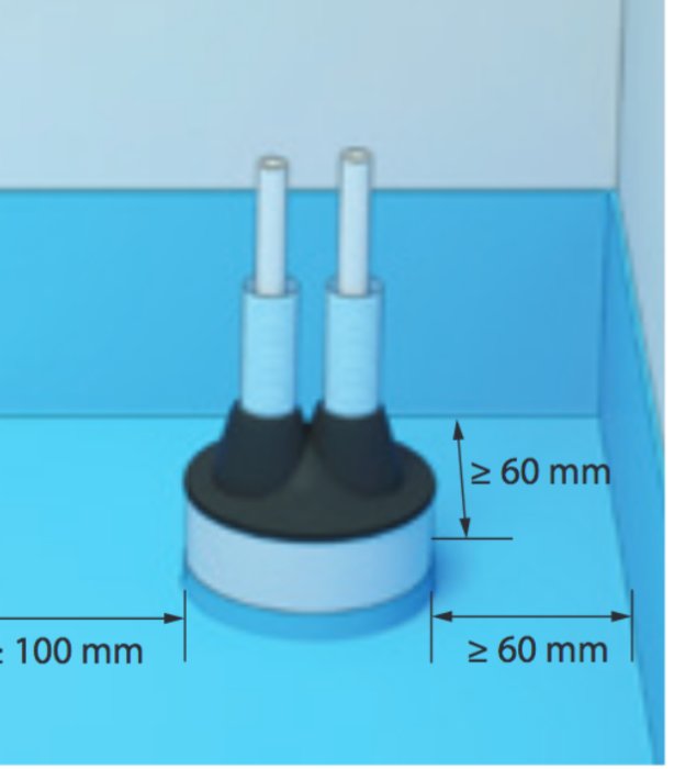 Rör med genomföringshylsa i vägg, märkt med mått på 60 mm och 100 mm.