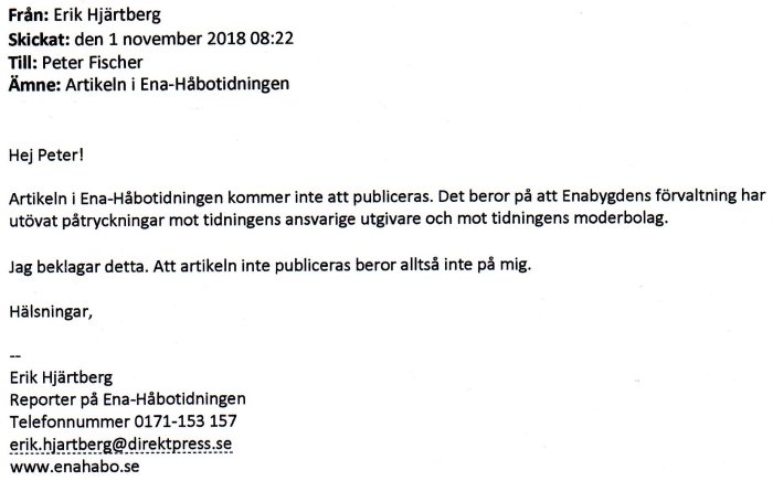 E-post meddelande där Erik Hjärtberg informerar Peter Fischer om en artikel som inte publiceras.