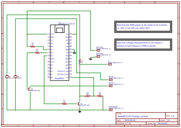 Schematisk illustration av ett elektronikprojekt inklusive NodeMCU, transistorer, motstånd och anmärkningar.