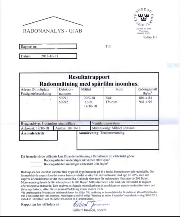 Radonanalys resultatrapport med radonhalter i Bq/m³ för kök och TV-rum i ett hus, daterad 2018-10-23.