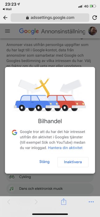 Skärmdump av Google Annonsinställningar visar intresse för bilhandel med illustration av bilar.