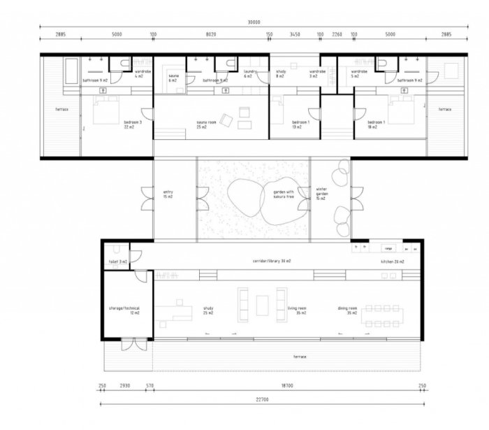 Arkitektonisk ritning av en enplanshusplanlösning med flera nivåer och terrasser.