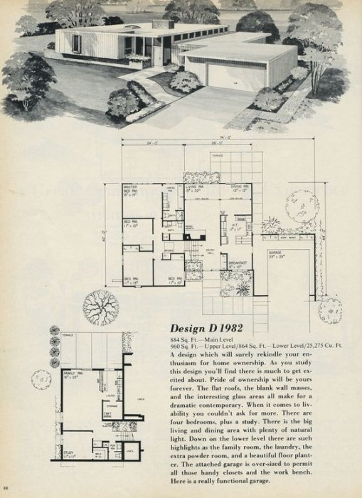 Retroinspirerat arkitekturdesign D 1982 med ritningar av huset och en illustration av det färdiga hemmet omgivet av träd.