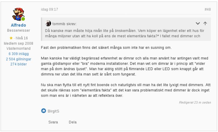 Skärmdump av ett diskussionsinlägg på ett forum om bygg och renovering.