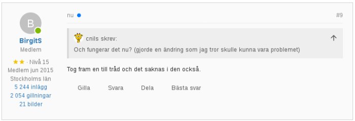 Skärmdump av ett foruminlägg där användaren BirgitS rapporterar ett problem med Firefox.