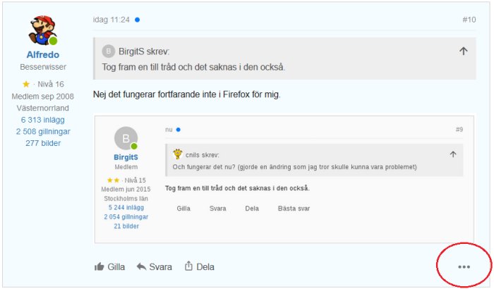 Skärmdump av ett diskussionsinlägg på ett forum med användarkommentarer och en avatar föreställande Mario.