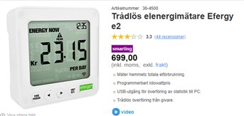 Trådlös energimätare Efergy e2 med display visande energiförbrukning och klocka, prissatt till 699 kr.