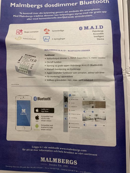 Reklamblad för Malmbergs dosdimmer MAID med appkontroll, kompatibilitetsinformation och skärmbild av appgränssnitt.