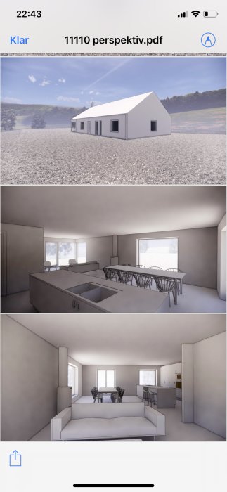 3D-ritningar av en husmodell med enplans exteriör och kök/vardagsrum interiör.