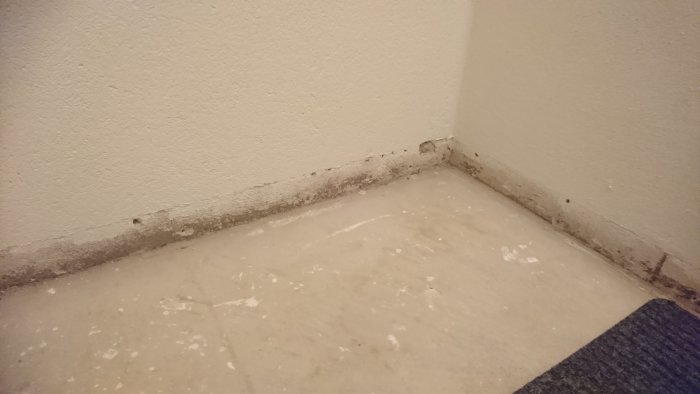 Hörnet av ett rum med mörkgråa fläckar längs basen av en ljus vägg där golvsockeln avlägsnats.