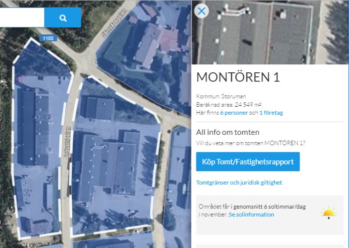 Luftvy över fastigheten "MONTÖREN 1", med markeringar som visar tomtgränser och omfattning över två gator.