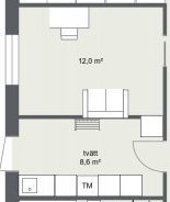Planritning av en bostad med markerade områden för att föreslå flytt av en dörr och en vägg.