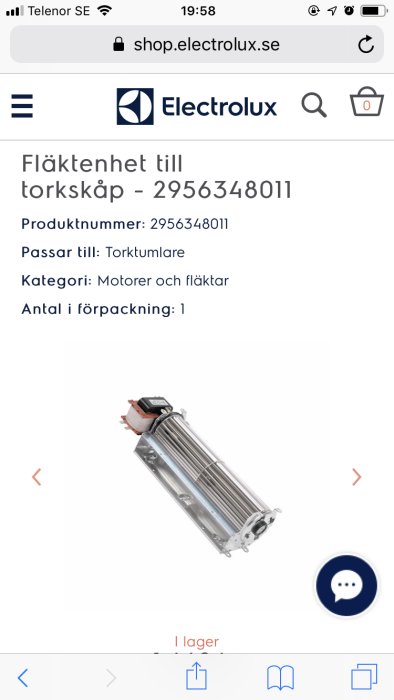 Fläktenhet till torkskåp som visas på en webbutiksida, nämnd som en del som inte roterar.