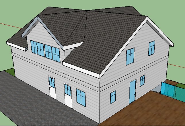 3D-modell av ett tvåvåningshus med grått tak och vita väggar utan spröjs i fönstren, skapat i SketchUp.