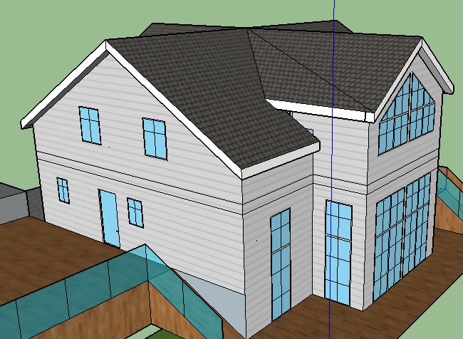 3D-modell av ett vitt hus med grått tak och stora fönster, skapat i SketchUp.