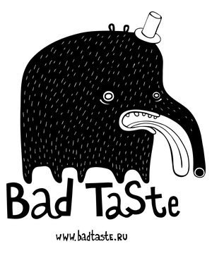 Illustration av ett mörkt varelse med pipa och texten "Bad Taste" nedanför.