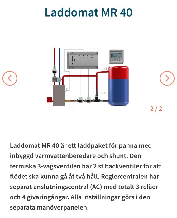 En laddomat för pannor med vattenberedare, shunt och manöverpanel samt beskrivande text.