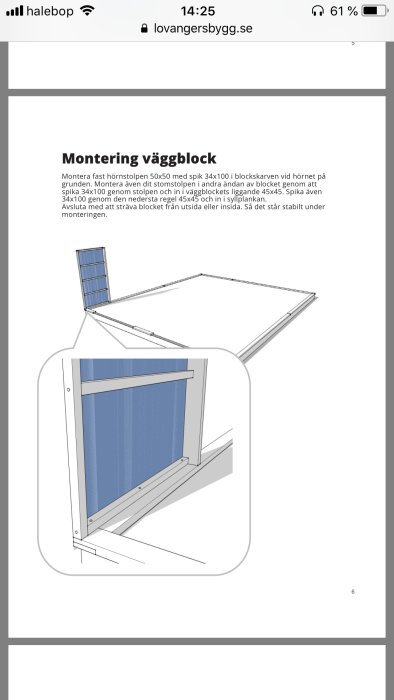 Illustration av montering av väggblock med komponenter och struktur beskrivet i text.