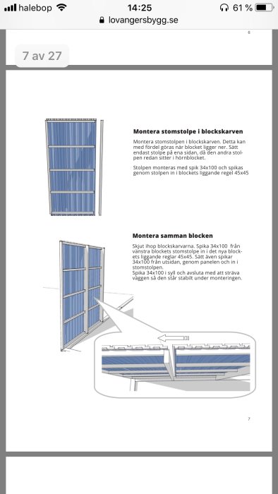 Illustrationer som visar montering av väggblock för byggprojekt, inkluderar skisser av stolpar och paneler.