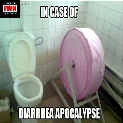 Toalett med en enorm rulle toalettpapper och texten "In case of Diarrhea Apocalypse".